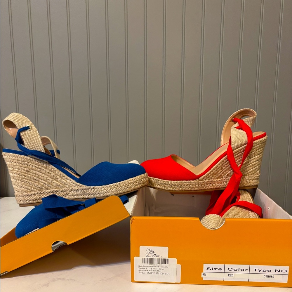 8.5 Red wedge shoe. Brand New and never worn. 
Red & Blue Available